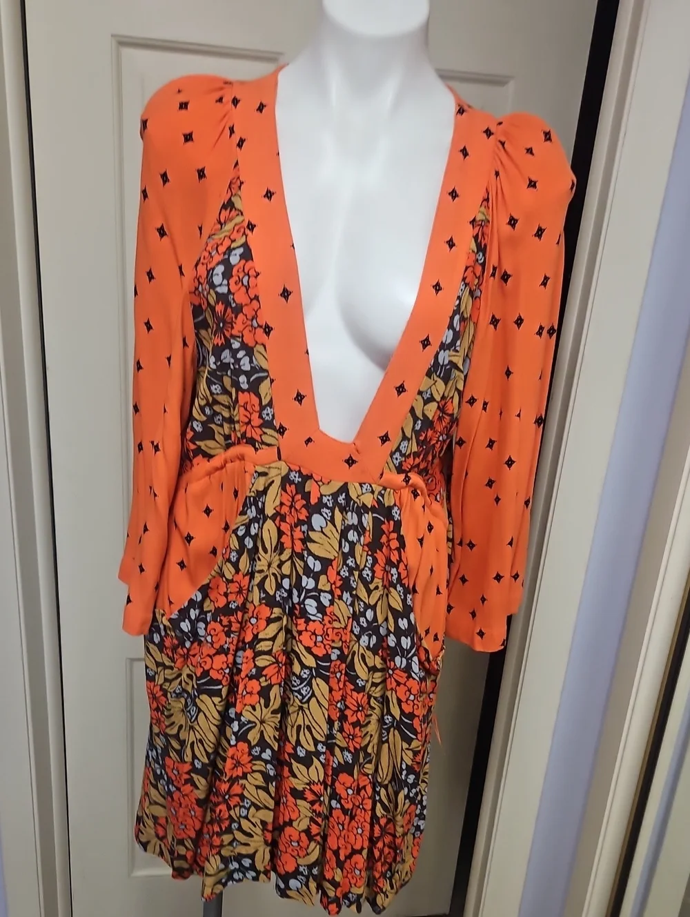 Free People Orange Floral Deep V-Neck Midi Dress